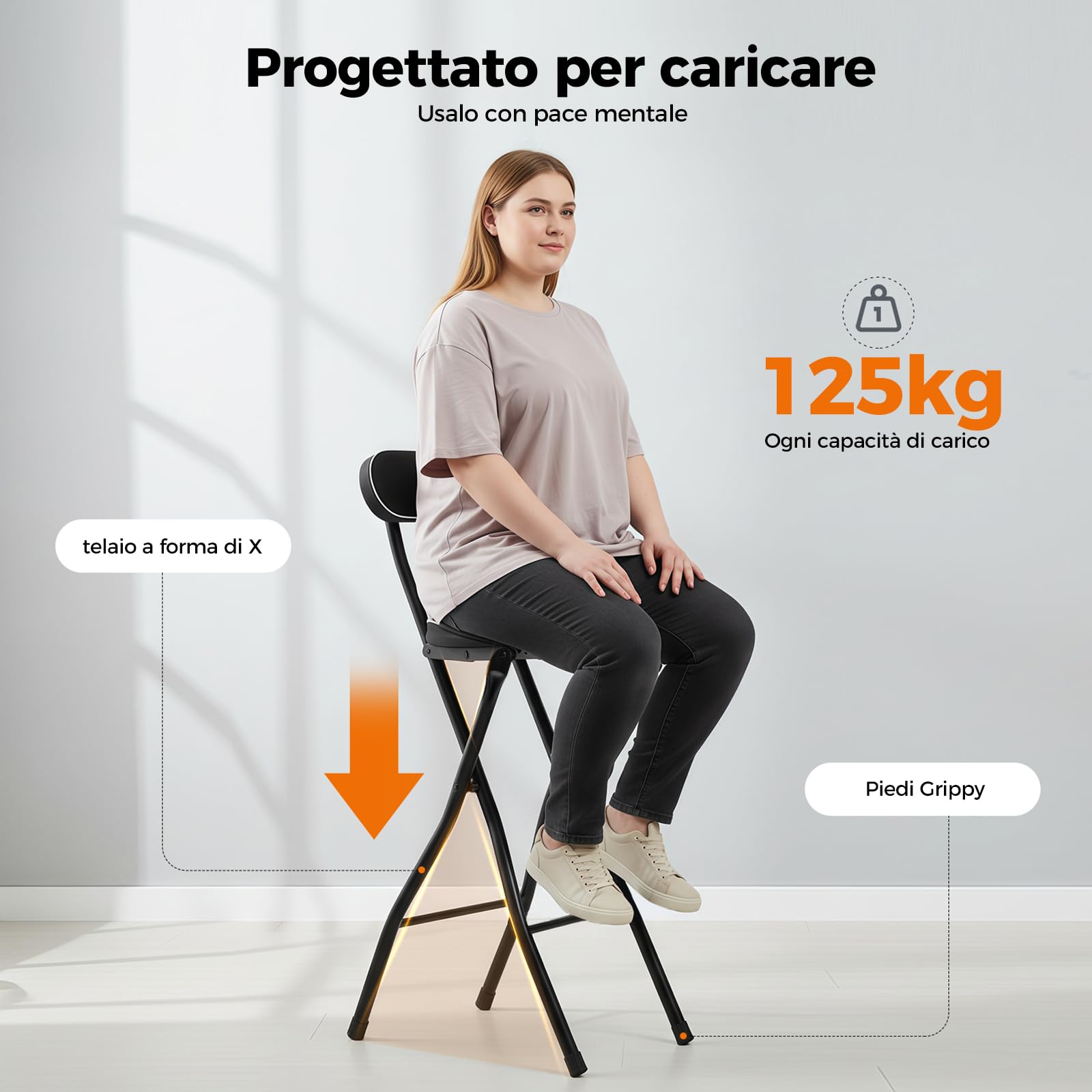 Set di 2 sgabelli da bar pieghevoli con schienale, altezza 65 cm, seggiolone, pieghevole, per bar e bancone, portata 125 kg (nero, 65 cm)