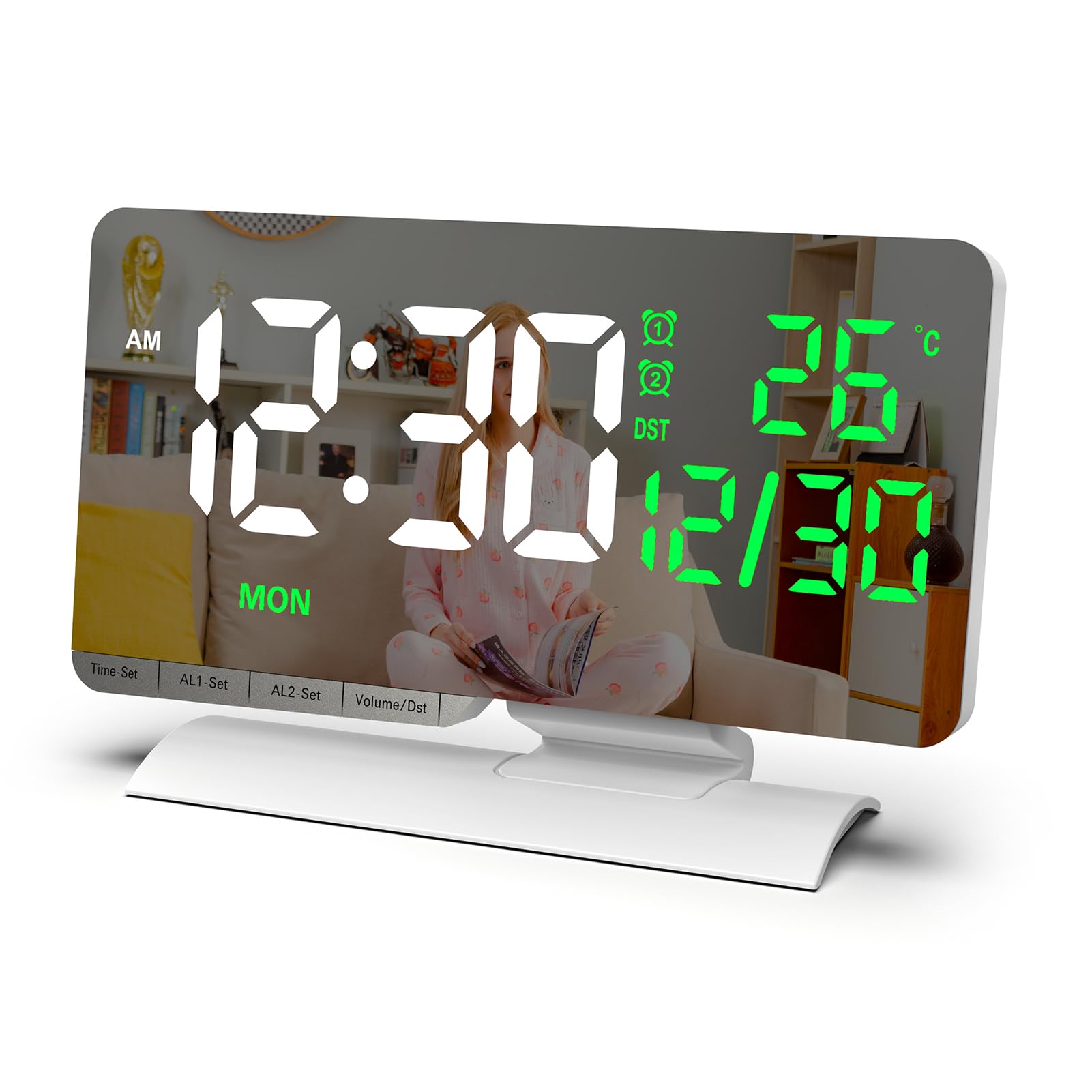 Réveil numérique blanc avec variateur à 6 niveaux et chargeur USB