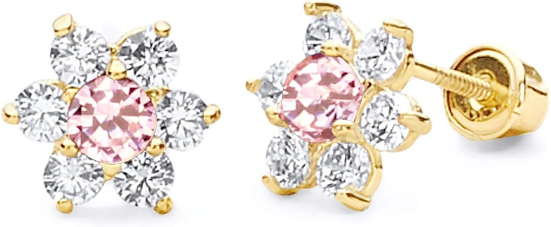 14k REAL Yellow Gold Flower Stud Earrings with Screw Back - 12 Different Color Available