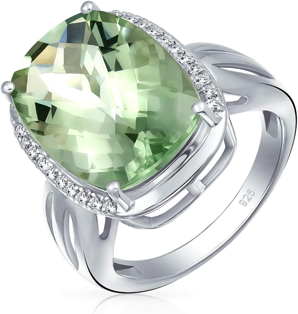 Bling Jewelry 6CT Cushion Cut Natural Zircon Accented Gemstone Light Green Solitaire Statement Prasiolite Ring For Women .925 Sterling Silver Split Shank August Birthstone - Image 2