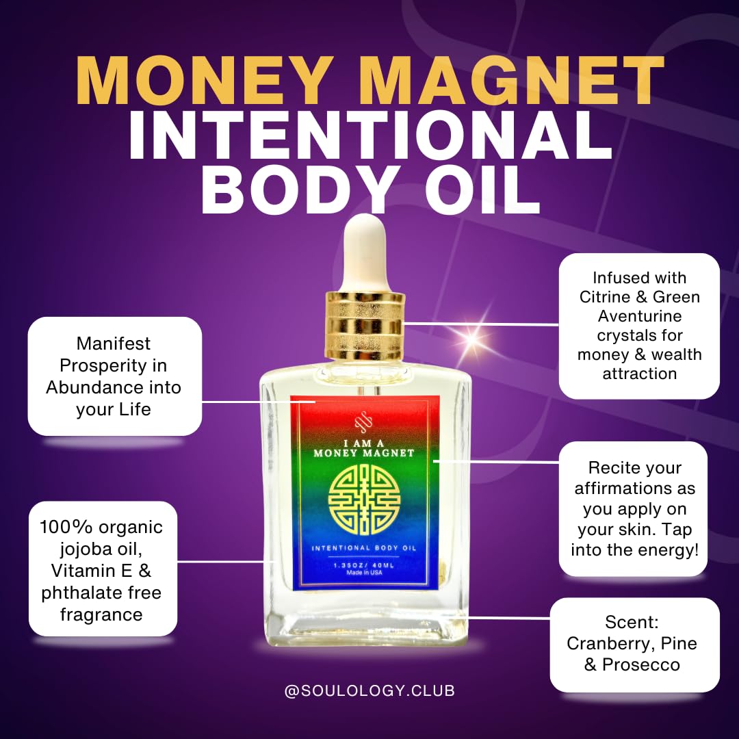 40ml Crystal Infused Money Magnet Intentional Luxury Body Oil, Handmade with 100% Clear Jojoba Oil + Vitamin E & Phthalate-Free Fragrances, Money Drawing Oil with Crystals, Magick Oils