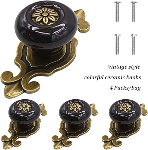 Miniatura 4 de Tverghvad Pomos de cerámica para gabinete, 4 unidades Perillas vintage elegantes para cajones de vestir con placa trasera de bronce, manijas