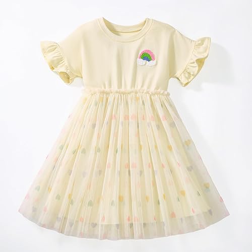 HILEELANG Toddler Girls Rainbow Cotton Tulle Dress Summer Princess Party Unicorn Dress with Flutter Sleeves(3062#yellowrainbow,4T)