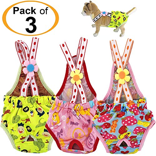 Pack Of 3 Colors Dog Diapers Female Girl Sanitary Pants Washable Reusable With Suspenders Stay On For Small Pet (Green-Pink-Blue, S - Waist 10" - 12" Length Up To 11") #TOP5