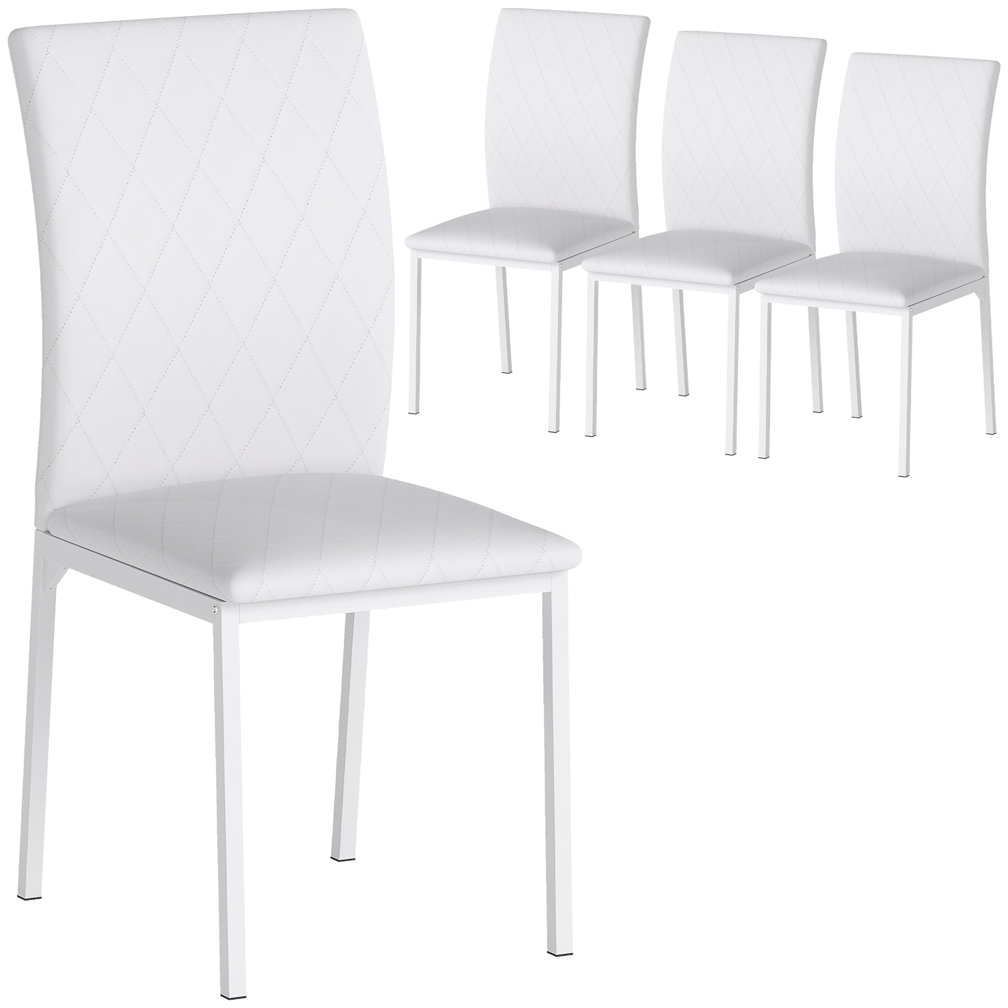 HOMCOM Lot de 4 Chaises de Salle à Manger Modernes, Rembourrées Blanc | Chaises de Cuisine, Capitonnage Rhombique, Pieds en Métal, pour Salon, Maison