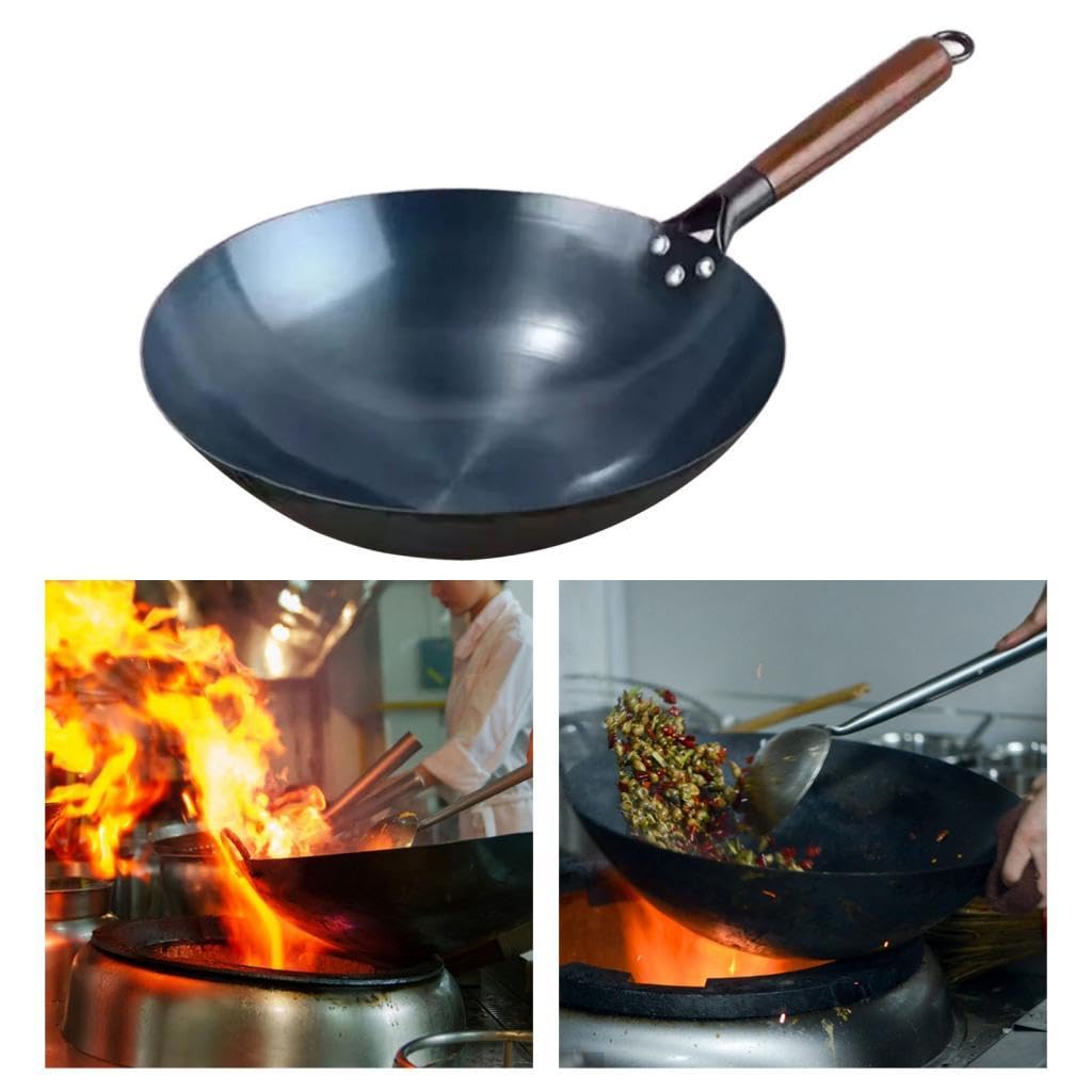 Wok Antiaderente Wok Pentole a Gas Generali Wok Cinese con Manico in Legno per Saltare in Padella per Panini, Pane Fritto, Torta di Carne, Toast, 36 cm