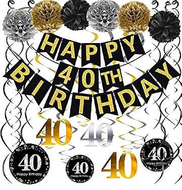 AMAZON - Famoby Black & Gold Glittery Happy 40th Birthday Banner,Poms,Sparkling 40 Hanging Swirls Kit for 40th Birthday Party 40th Anniversary Decorations
