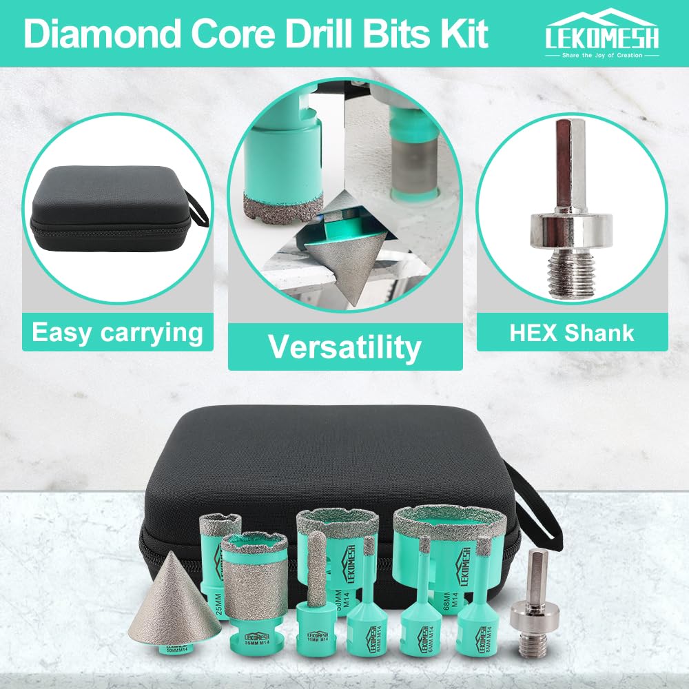 Punte Diamantate per Piastrelle - 10 pezzi (6/6/8/25/50/68mm+10mm Fresa Diamantata+35mm Fresa Diamantata+50mm Punte per Smusso+Adattatore) Seghe a Tazza per Gres Ceramica