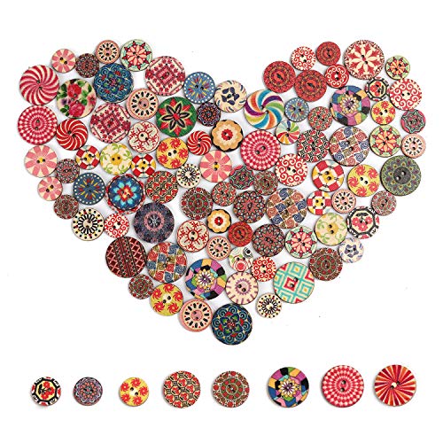 YIZIQSS 300 PCS Wooden Buttons with Random Color Patterns, 2-Hole Wooden Buttons, Old-Fashioned Buttons for Hand-Made DIY Sewing Process Decorative Buttons 15mm   0.6in, 20mm   0.78in, 25mm   1in