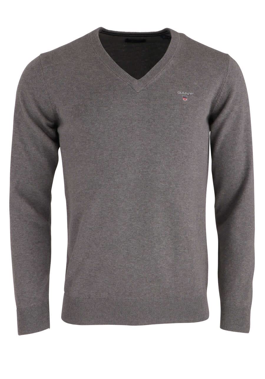 GANT Men's Classic Cotton V-Neck Pullover, Dark Grey Mottled, L