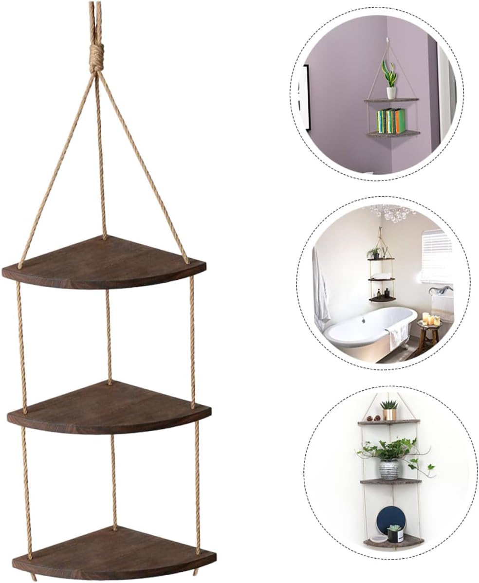 Vintage Corner Wall Storage Shelf with Thickened Rope Space-Saving Hanging Rack for Kitchen Bedroom Living Decor and Flower Pots Practical Floating Shelf for Organization