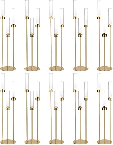 Vincidern Candelabros de 3 brazos, candelabros dorados para mesa, candelabro de 33.8 pulgadas de alto con pantalla acrílica para mesa de boda,