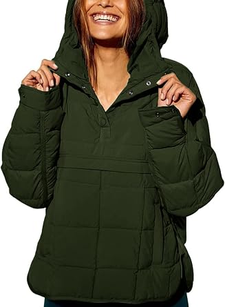 Womenss Lightweight Down Coat Long Sleeve Button Quilted Pullover Puffer Jacket Packable Hooded Winter CoatArmy Green,Medium