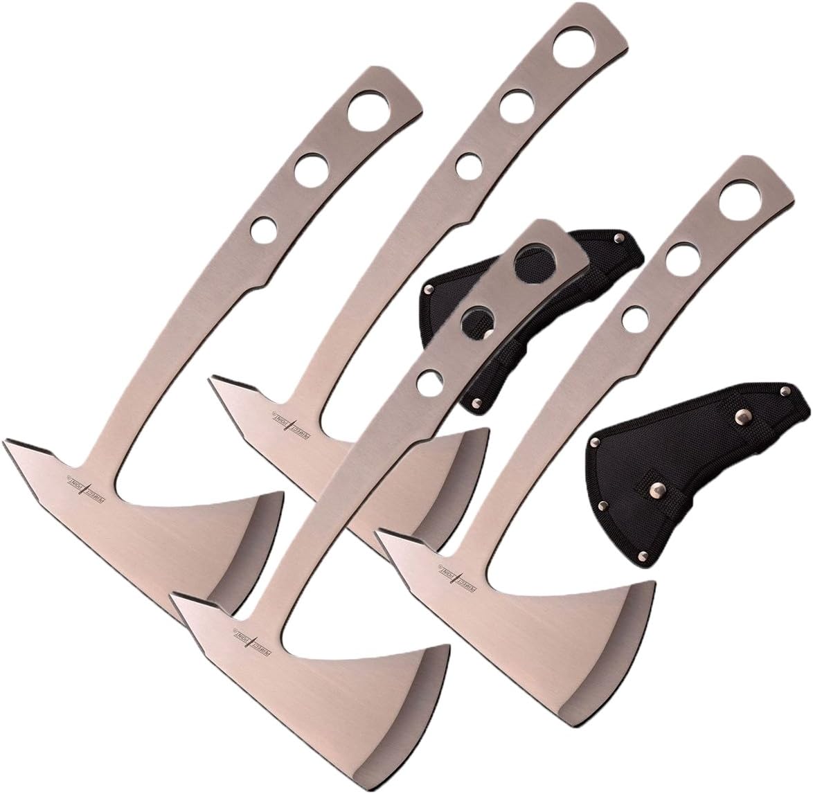 Stainless Steel Throwing Axe Set, 9.5 Inch Overall Length, 4mm Thick Blade, Satin Finish, 2-Pack with Nylon Sheath (Silver)