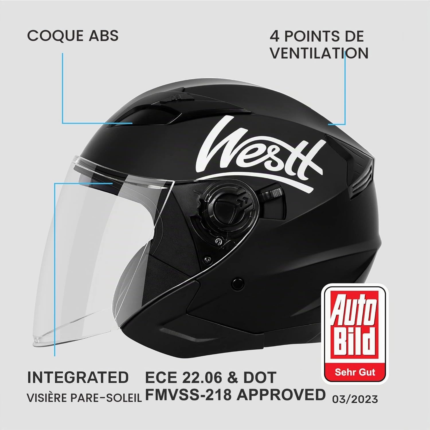 Westt Jet Casque Moto Homme Femme avec visière Double Casque Scooter Jet Moto Electrique Adulte, certifié ECE 22.06, Taille S-XL