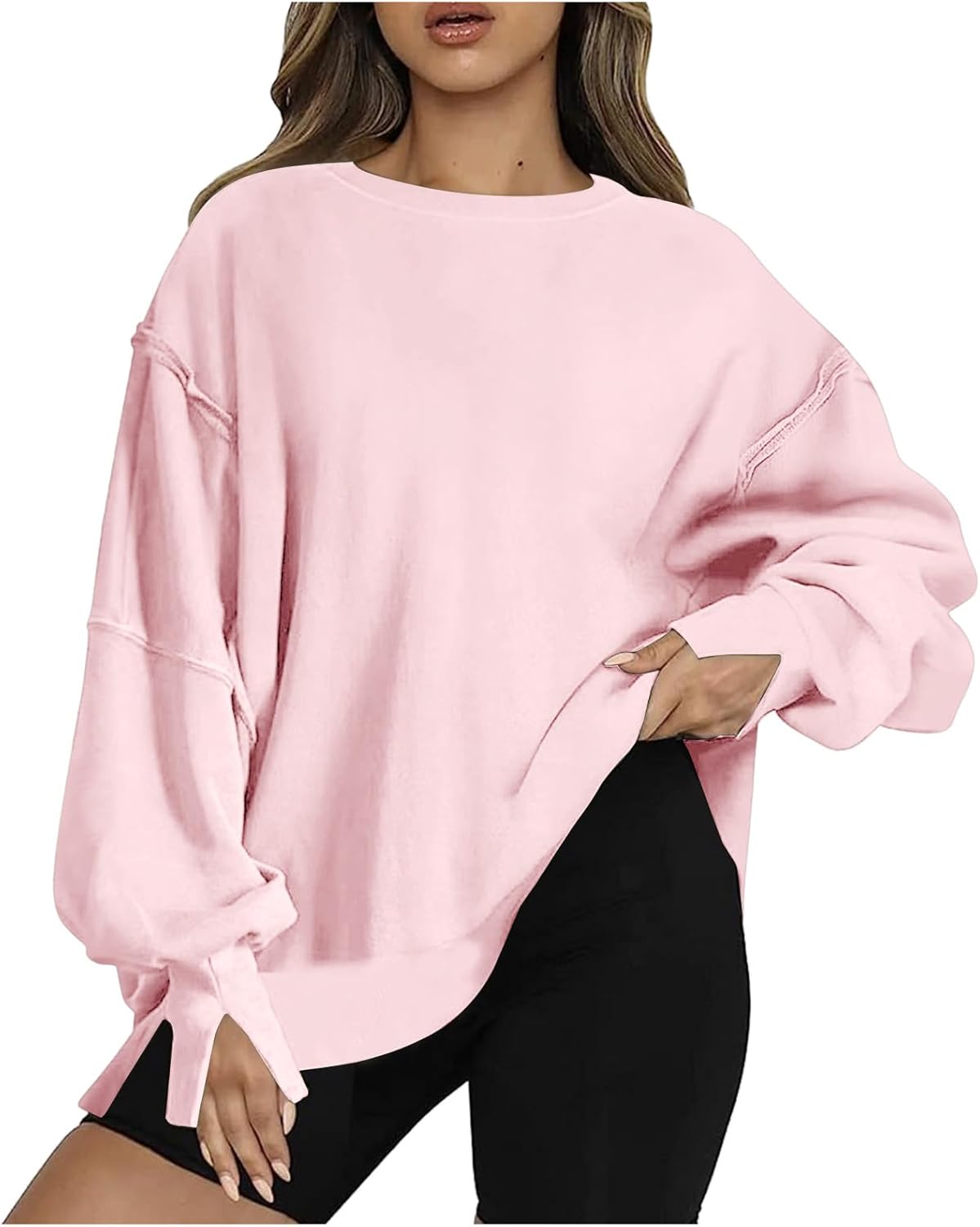 Miniatura 5 de Womens Oversized Casual Slit Y2K Pullover Top Crewneck Long Sleeve Corded Sweatshirts Fall Outfits 2023 Winter Clothes