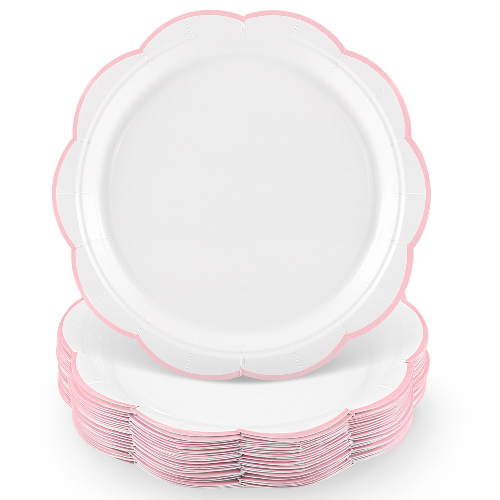 Photo 1 of NatNarr 30 Pcs Pink and White Paper Plates, 9 Inch White Plates with Pink Trim Scalloped Paper Plate Disposable for Mother's Day, Baby Shower, Wedding, Bridal Shower, Birthday