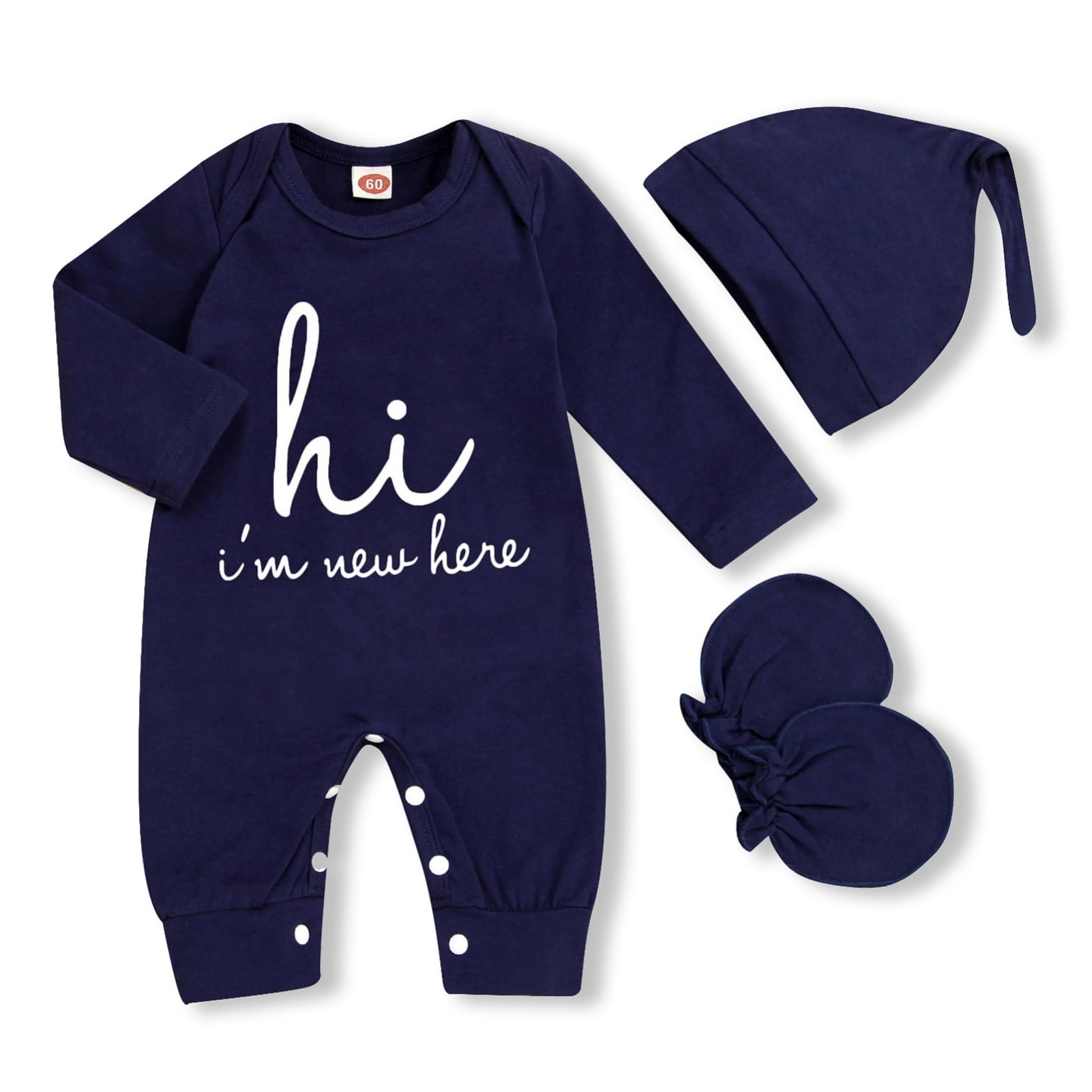 GRNSHTSNewborn Baby Boy Romper Coming Home Outfits Letter Print Bodysuit Jumpsuit+Hat+Gloves 3PCS Clothes Set