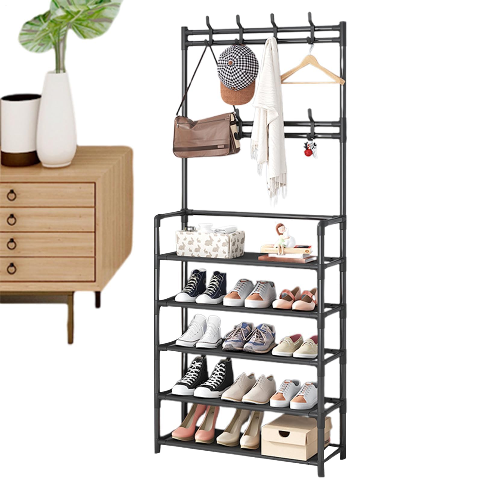 FGXHHS Multi-Purpose Entryway Coat Rack - Floor-Standing Metal with Hooks & Storage Shelves for Jackets, Shoes, and Garments | Ideal Hallway Solution