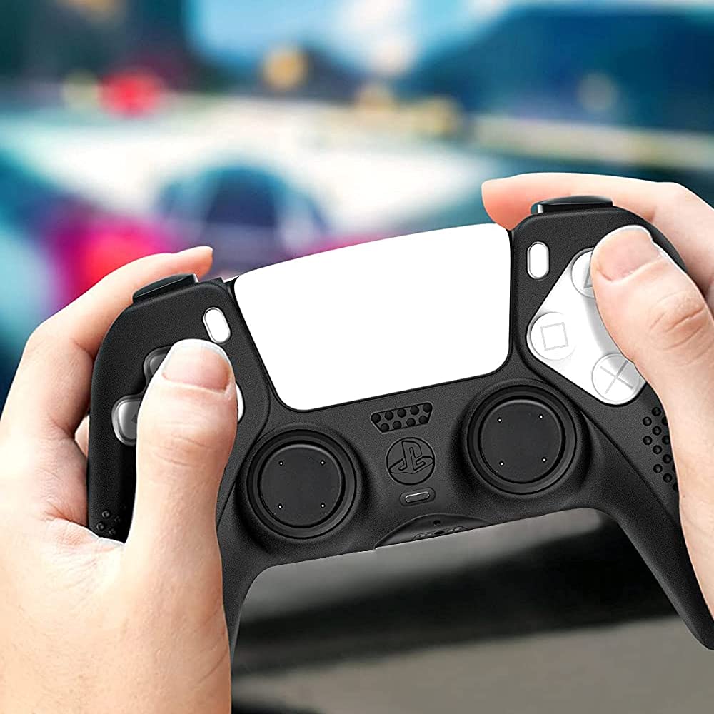 MMOBIEL Cubierta de Piel Antideslizante de Caucho de Silicona con 5 agarres de Pulgar de Diferentes tamaños Compatible con el Controlador DualSense para PS5 - Negro