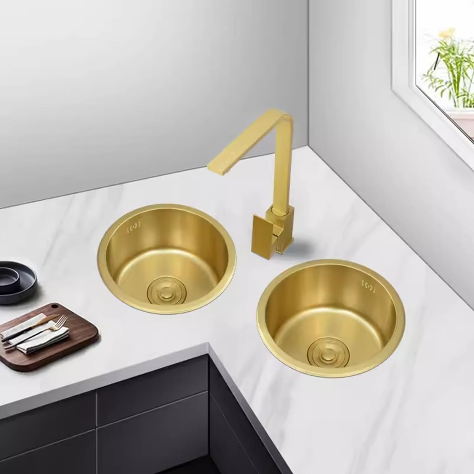 Lavello Tondo Da Cucina Lavello Oro Lavello Piccolo Acciaio Inox 304 Lavello Sottopiano Rubinetto Oro Accessori Completi (40CM)