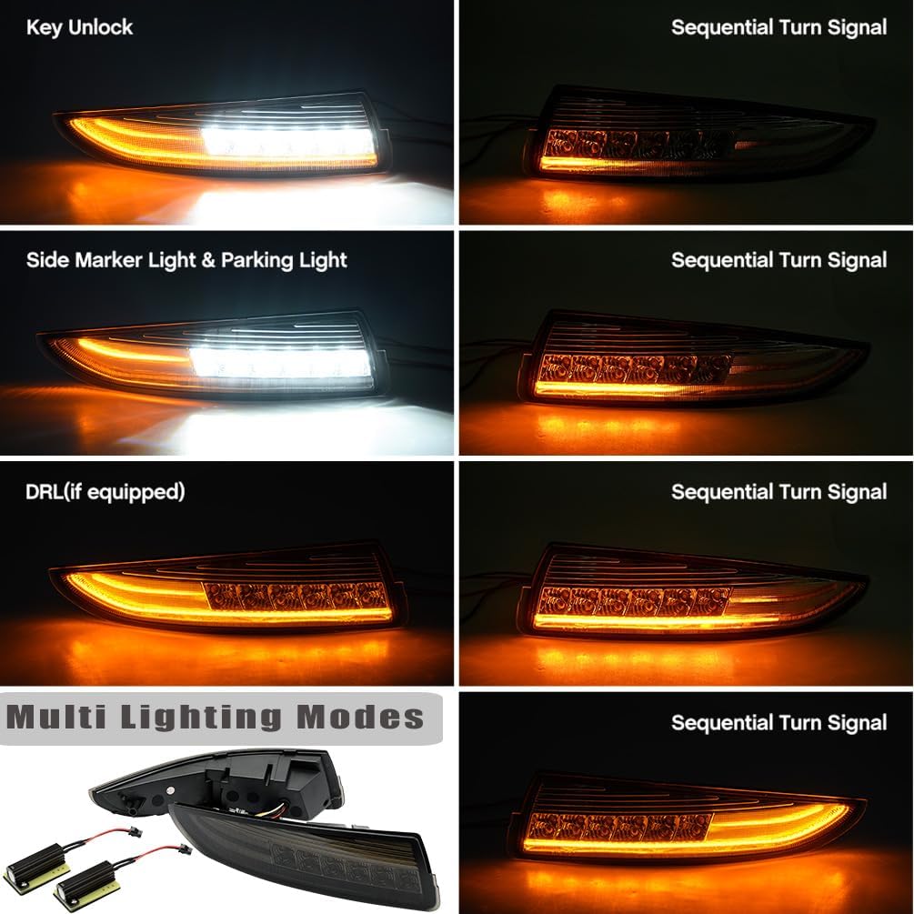 LED Side Marker Lamps for Chevy Camaro 1993-2002 Sequential Turn Signal Light Smoked Lens Switchbck Corner DRL Running Parking Lights OEM 5978551 5978552