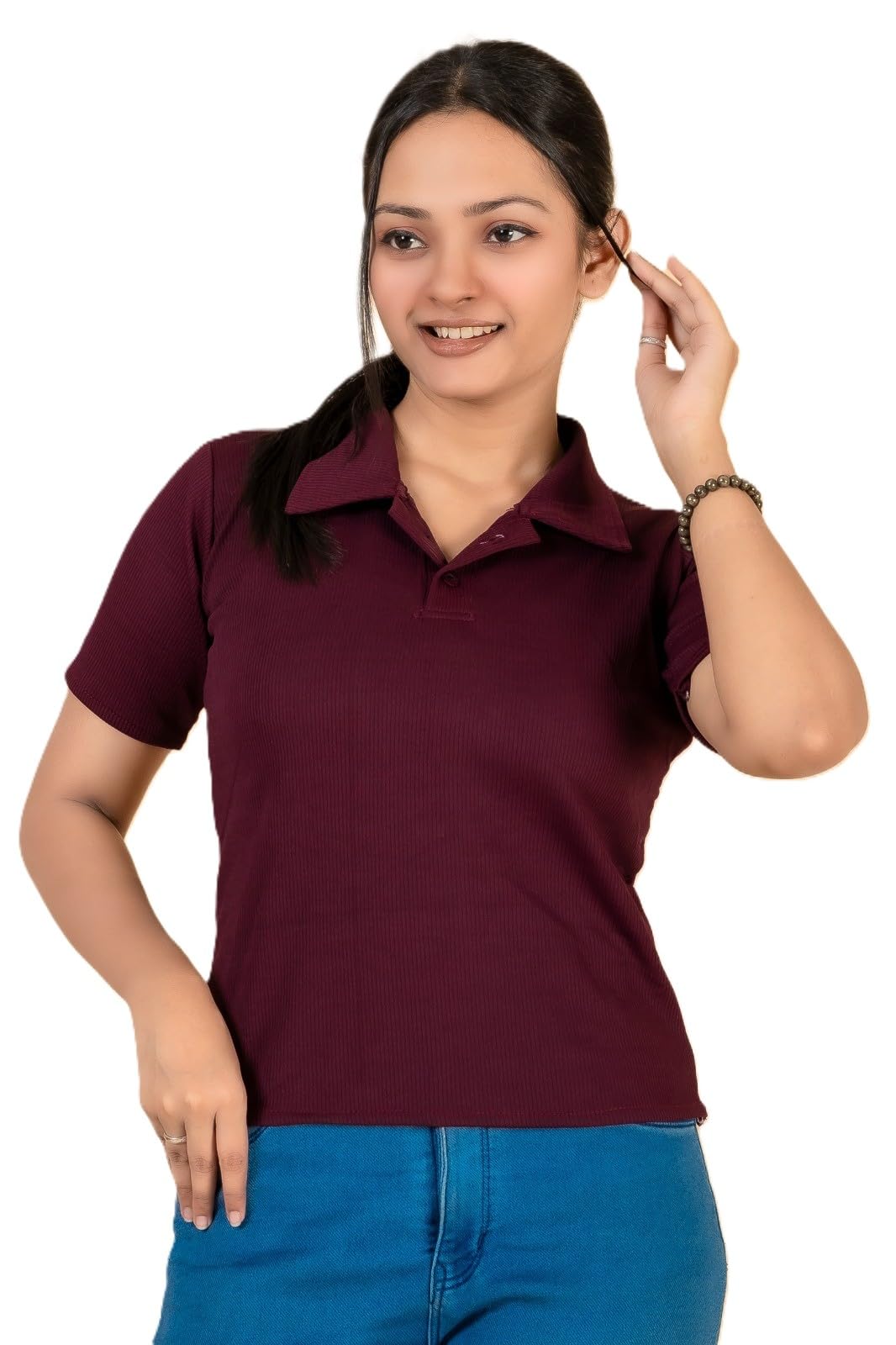 dulhan sarees Women's Cotton Blend Polo T-Shirt, Short Sleeve Ribbed Knit Collared Top, Soft Stretch Casual Tee, Office & Outdoor-picture-30