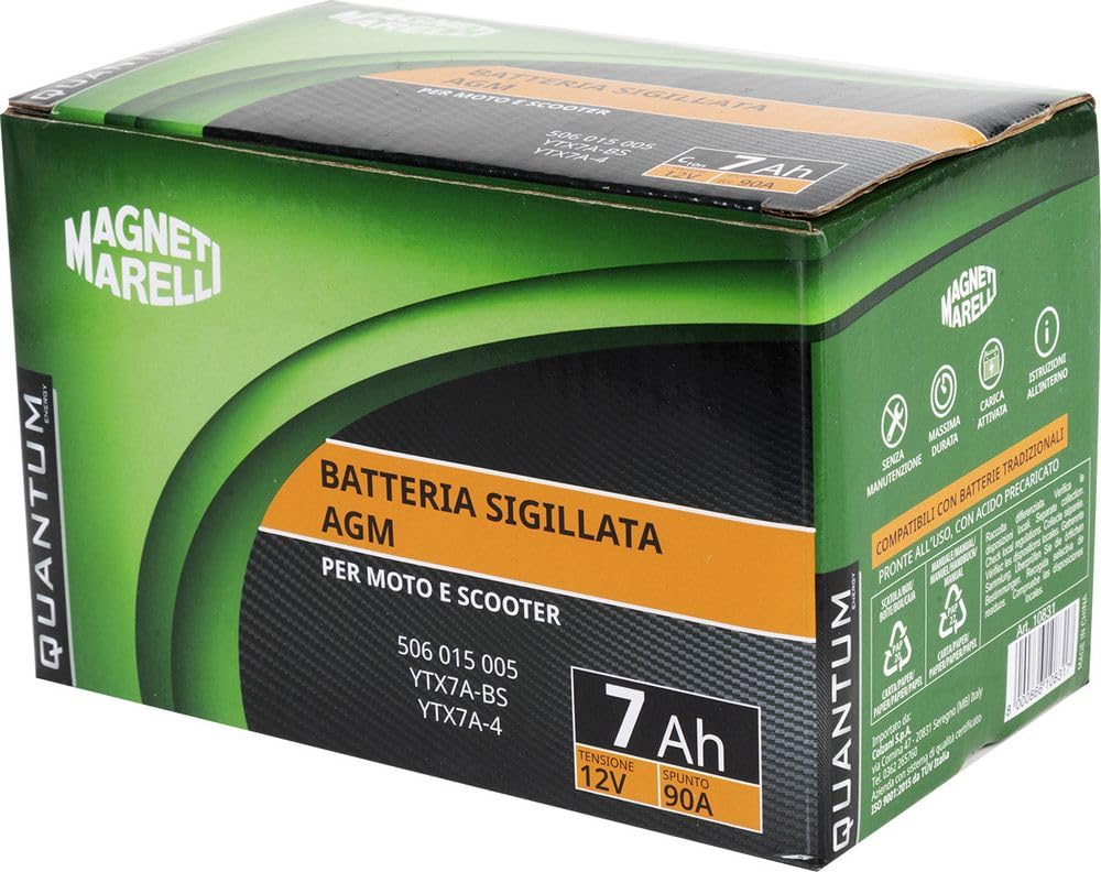 Magneti Marelli Batteria Quantum 7Ah AGM 90A | Batteria Moto 12V Per Scooter E Motocicli | Tecnologia AGM, Avviamento Affidabile, Senza Manutenzione