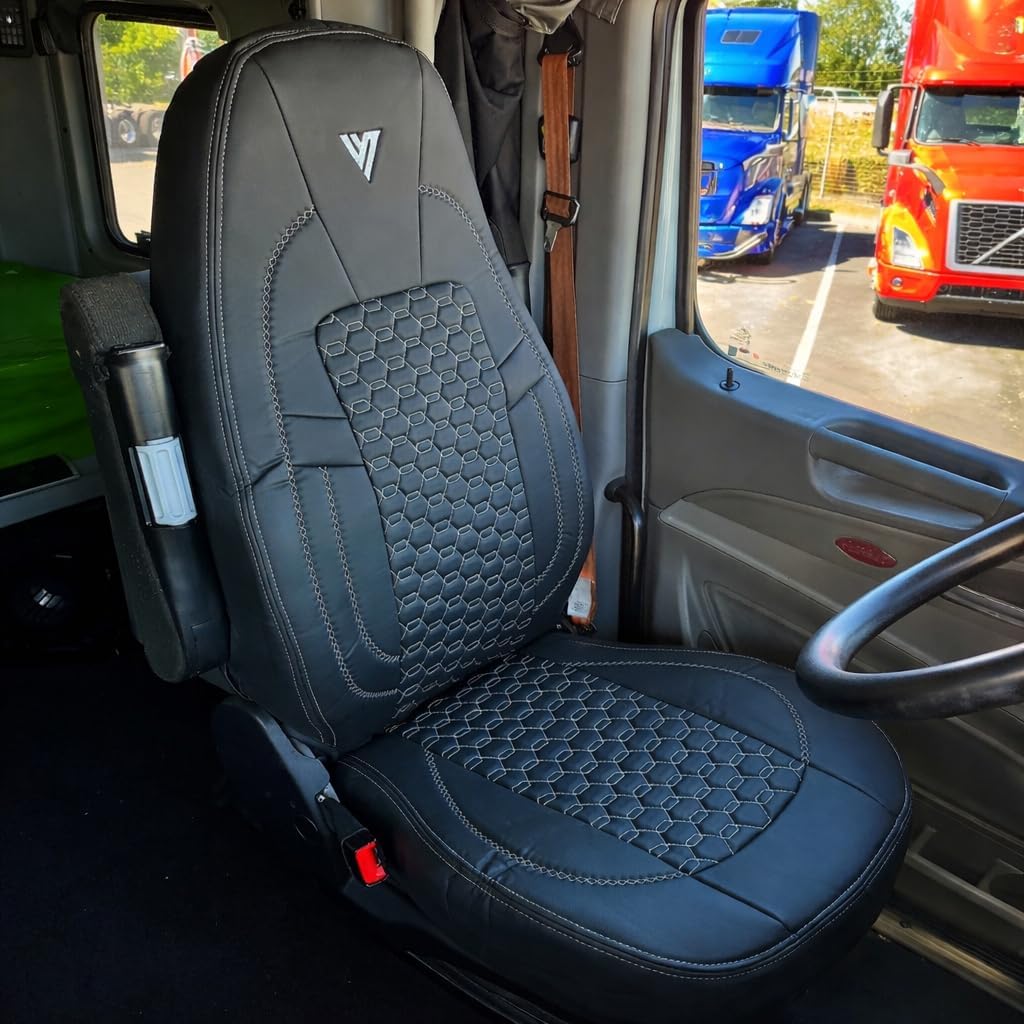 Seat Cover – Compatible with Peterbilt 579 & 567 OEM Stock Seats – Black Faux Leather with Grey Stitching, Custom Fit, Durable, Easy Install, Four-Season Protection (Black/Grey)