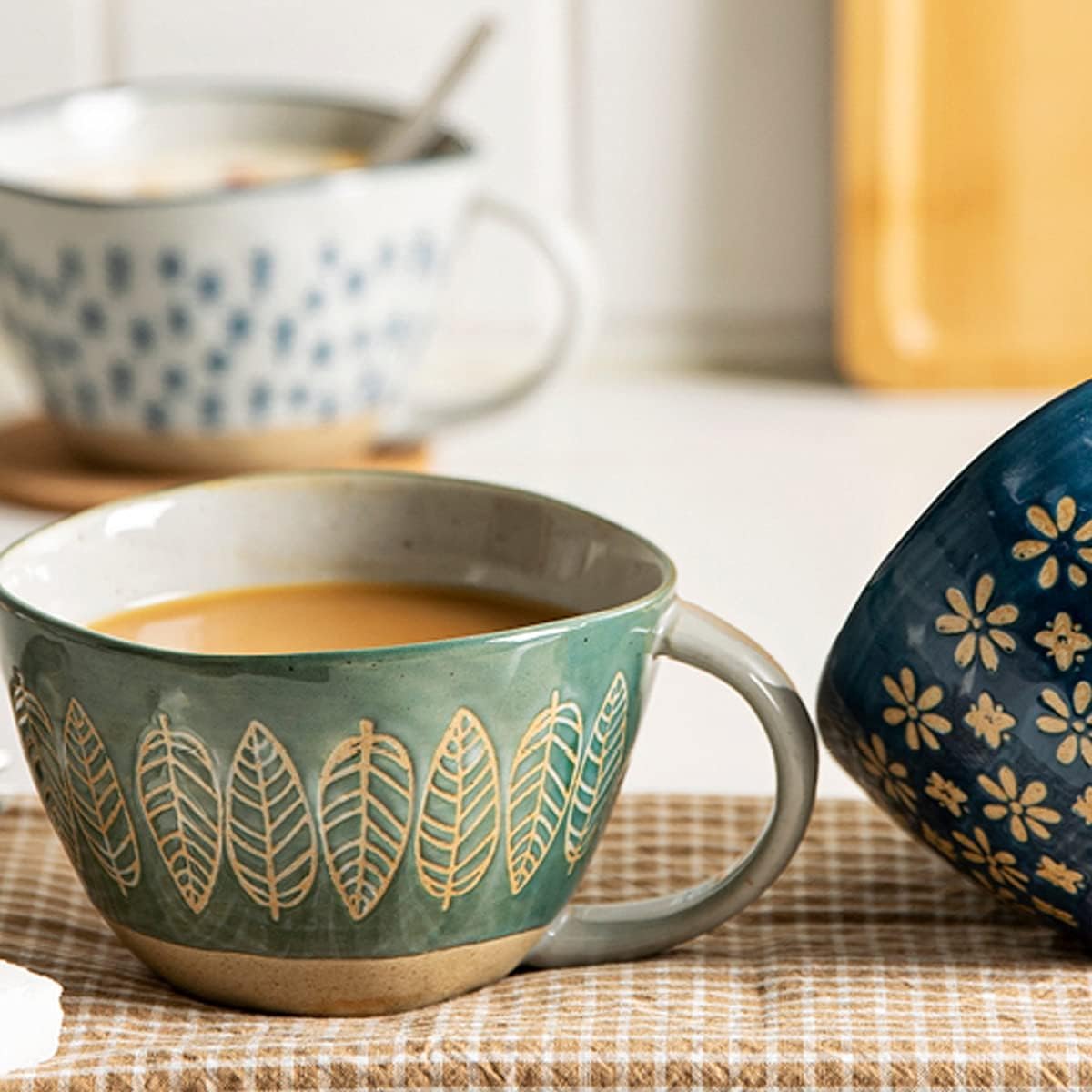 Keramik Kaffeebecher Kaffeetasse, Keramikbecher, dekorative Tasse, Emaille-Becher mit Henkel, Tasse im japanischen Stil, handbemaltes Muster, 11 Unzen, 1 Stück(D)