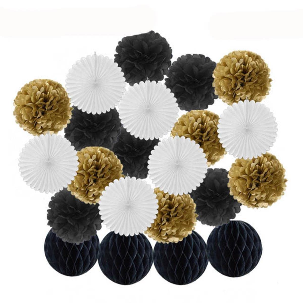 Comunión Fiesta Favor Oro Rosa Conjunto Tejido Pompón Papel Redondo Panal Cumpleaños Bautismo Boda Decoración Blanco Abanico-Oro Negro Conjunto,12inch(aproximadamente 30cm)-L