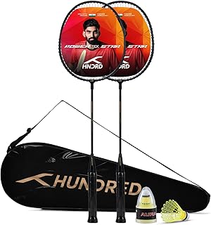 Hundred Powertek Star Badminton Racket Set – 2 Strung Rackets with Full Cover & 2 Nylon Shuttlecocks | Lightweight, Durabl... Price In India