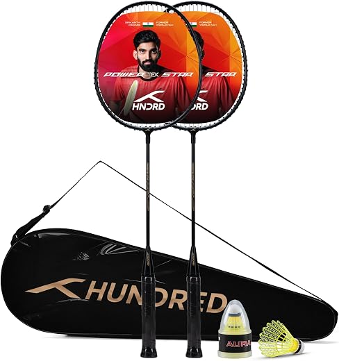 Hundred Powertek Star Badminton Racket Set – 2 Strung Rackets with Full Cover &amp; 2 Nylon Shuttlecocks | Lightweight, Durabl...