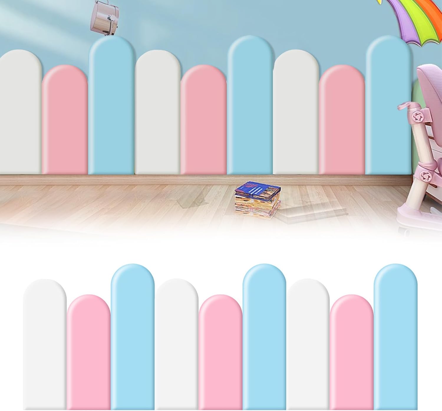 3D Anti-Collision Wall Stickers for Kids, Self-Adhesive Padded Wall Panels, PU Upholstered Headboard Pads (9pcs), 20cm x 45/50/55cm, Soft Pink & Blue Decor