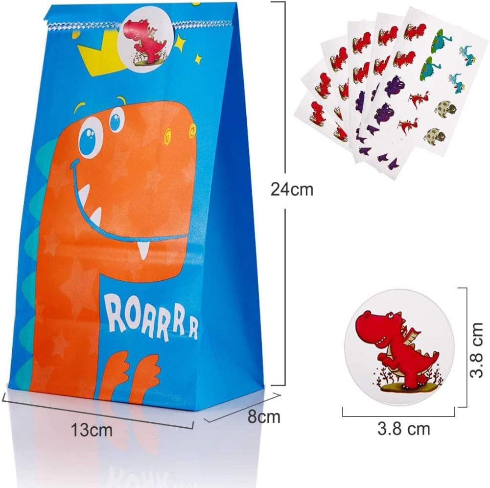 24 Sacchetti Regalo Dinosauro Con Adesivi – Festa Compleanno Bambini – Carta Kraft