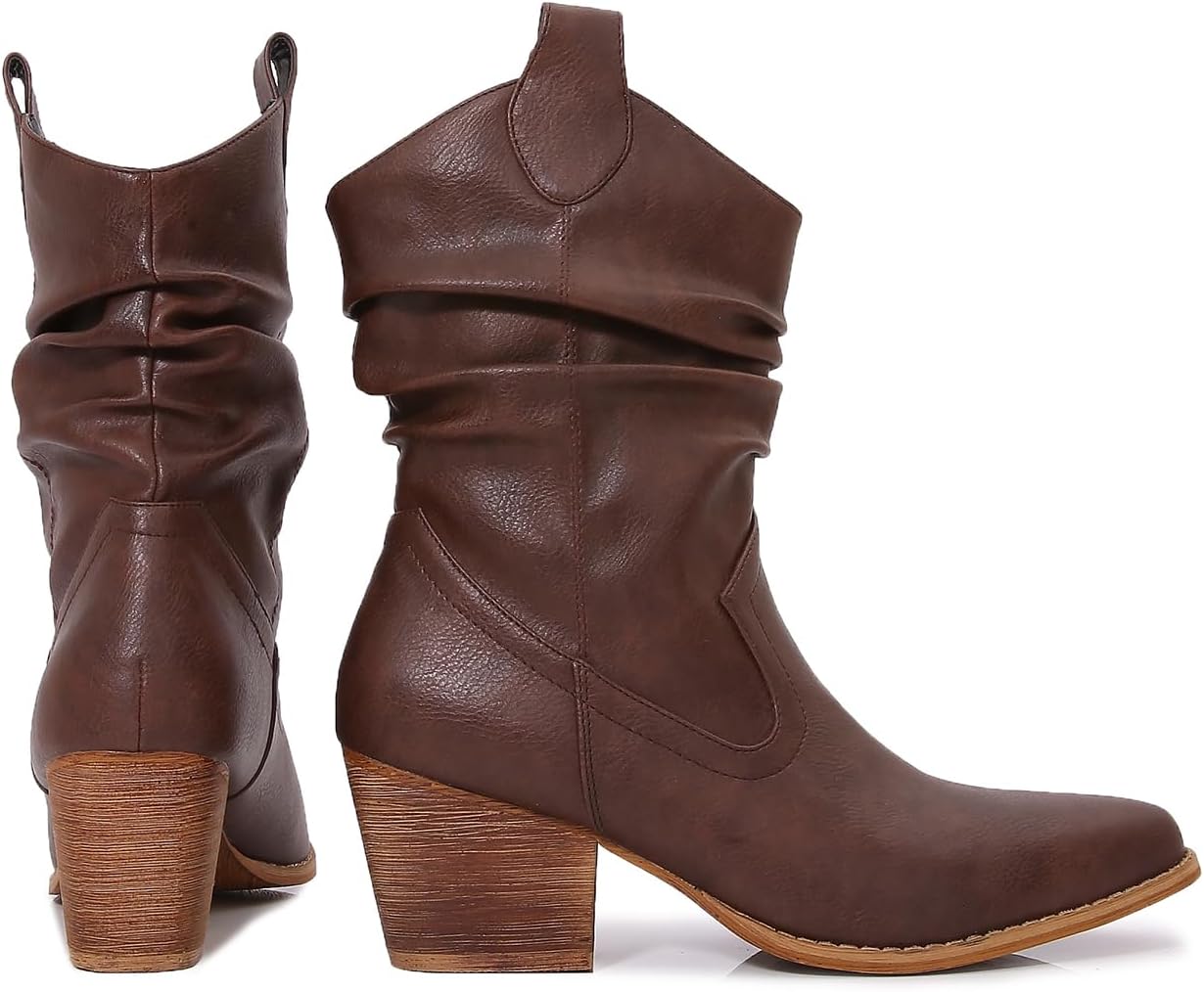 mm Women's Modern Western Short Cowboy Boot with Pull-Up Tabs, Slip On Pointed Toe Chunky Heel Cowgirl Boots for Girls Ladies Fall, Brown, 7