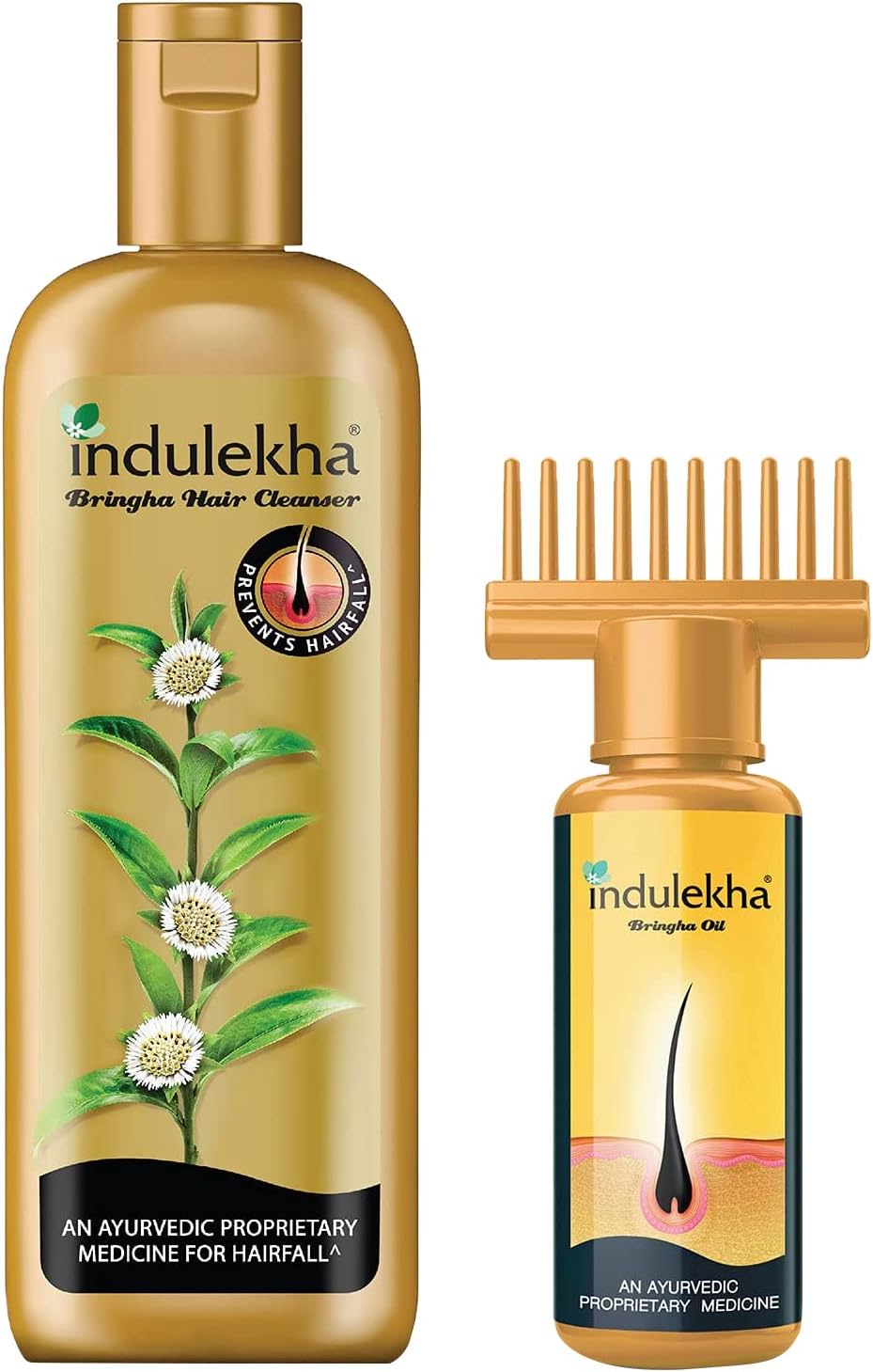 Indulekha Bringha Ayurvedic Hair Oil 50 ml, Hair Fall Control and Hair Growth with Bringharaj & Coconut Oil - Comb Applicator Bottle for Men & Women & Ayurvedic Shampoo 100 ml