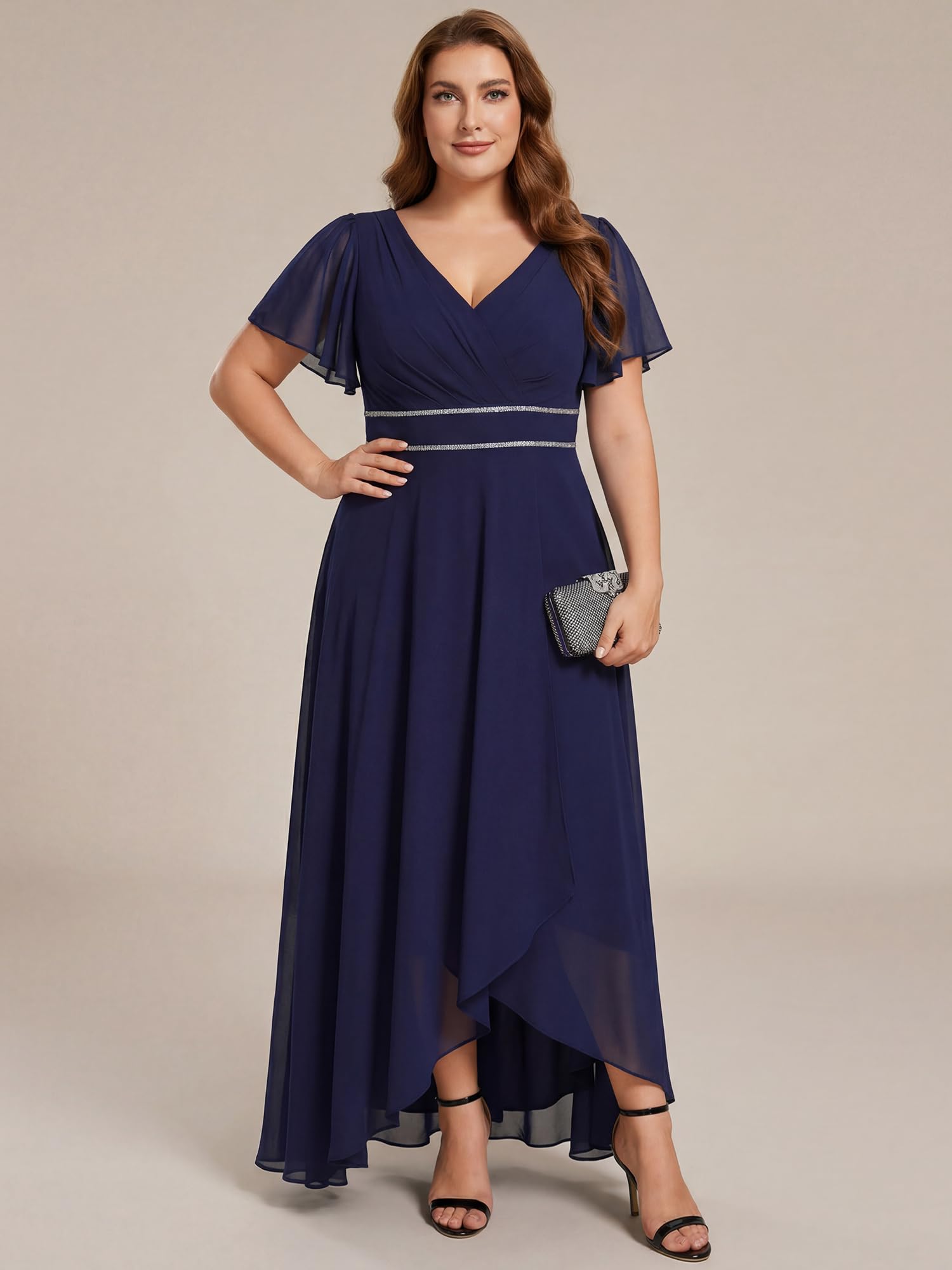 Ever-Pretty Plus Abito da donna in chiffon con scollo a V e perline increspate maniche maxi alto basso taglie forti abiti formali