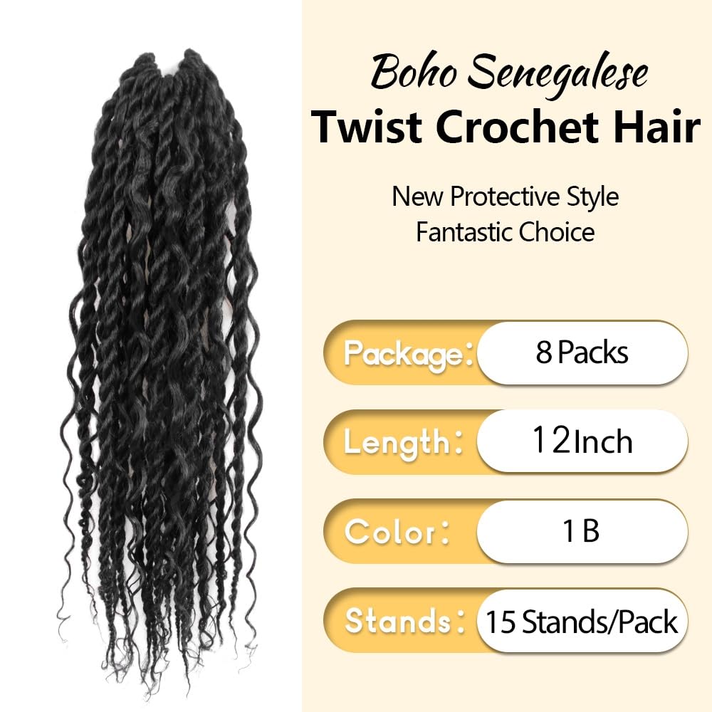 NISEYO Boho Senegalese Twist Crochet Hair 12 Inch, 8 Packs Pre-looped Curly Ends, Natural Black Pretwisted Goddess Island Passion Twist Crochet Braids (120 Strands,1B)