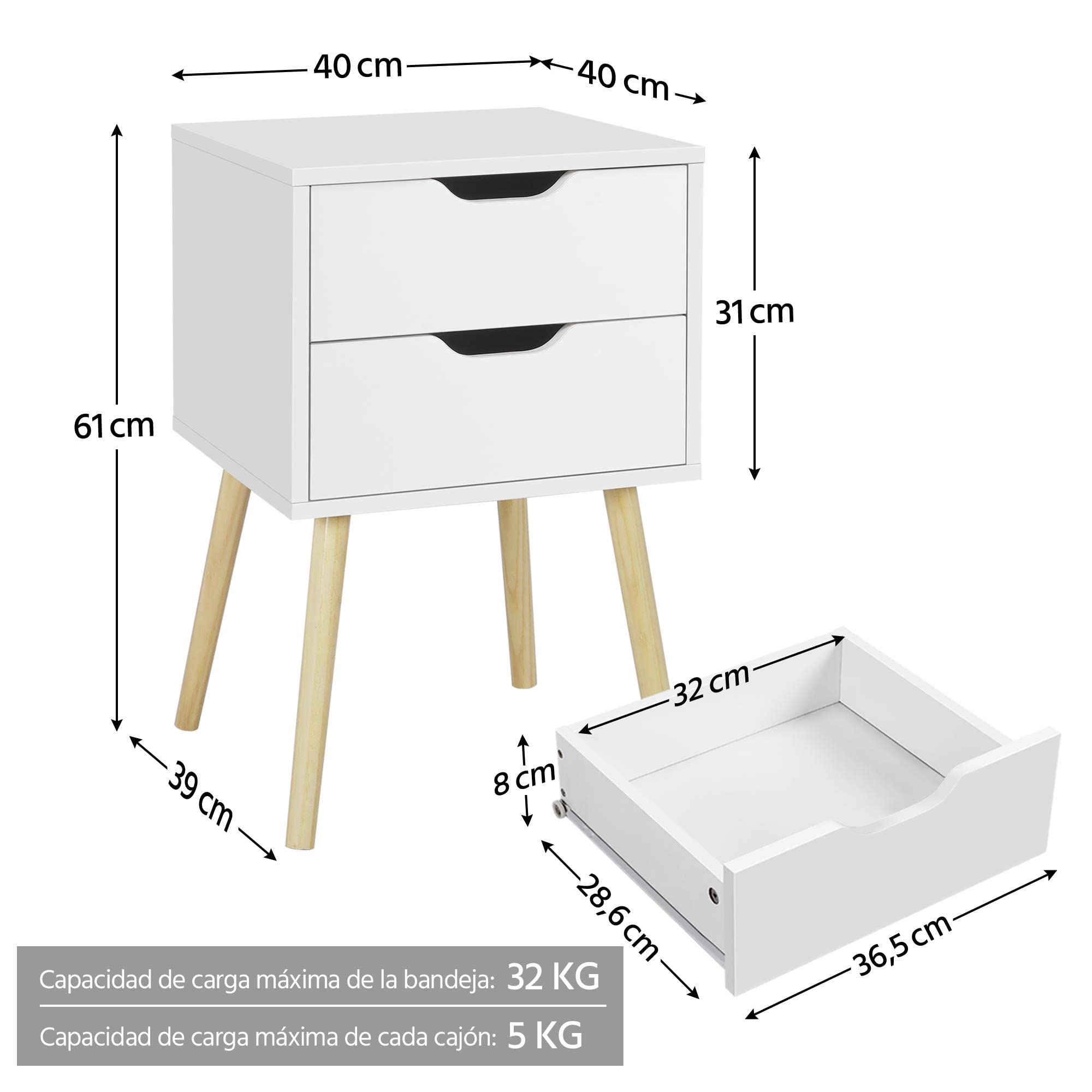 Yaheetech 2pcs Mesillas de Noche con Dos Cajones | Mesita de Noche Modernopara Dormitorio Mesa Auxiliar de Madera para Sala de Estar 40x40x61cm Blanca