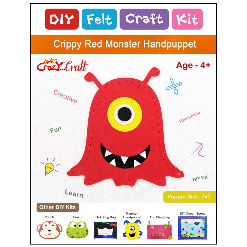 Crazy Craft Crippy Red Monster Handpuppet for Kids | DIY Felt Craft Kit | Learning Activity Kit | Stiching kit