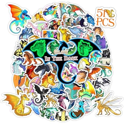 51 Pcs Glow in The Dark Western Dragon Water Bottle Stickers for Kids, Cartoon Pterodactyl Waterproof Vinyl Laptop Decals, Kids Teens Adults Phone Case Skateboard Scrapbook Luggage Mug Decoration Cover