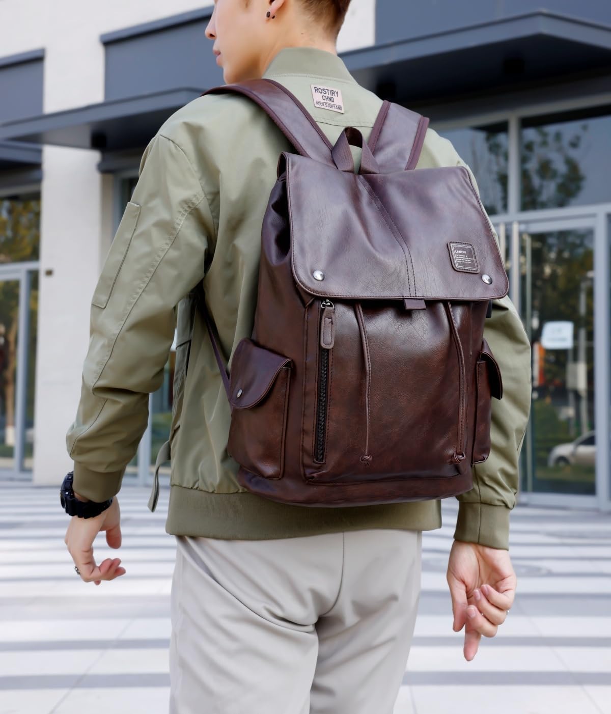 PU leather backpack, casual backpack men women. USB charging port. Suitable for work, commuting, traveling, etc. (Brown) - Image 5