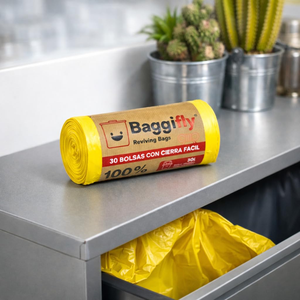 Baggifly, Bolsas de Basura 30L, 300 Bolsas Muy Resistentes, 100% Recicladas, Cierra Fácil, ECO Friendly, Uso Doméstico, Pack 10 x 30, Color Amarillo, Fabricado en España