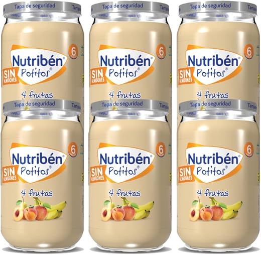 Nutribén Potitos | Tarrito 4 Frutas | Melocotón, Pera, Plátano y Manzana | Para Bebés a partir de 6 Meses | Sin Azúcares Añadidos | Sin Gluten, Sin Huevo y Sin Leche | 235g
