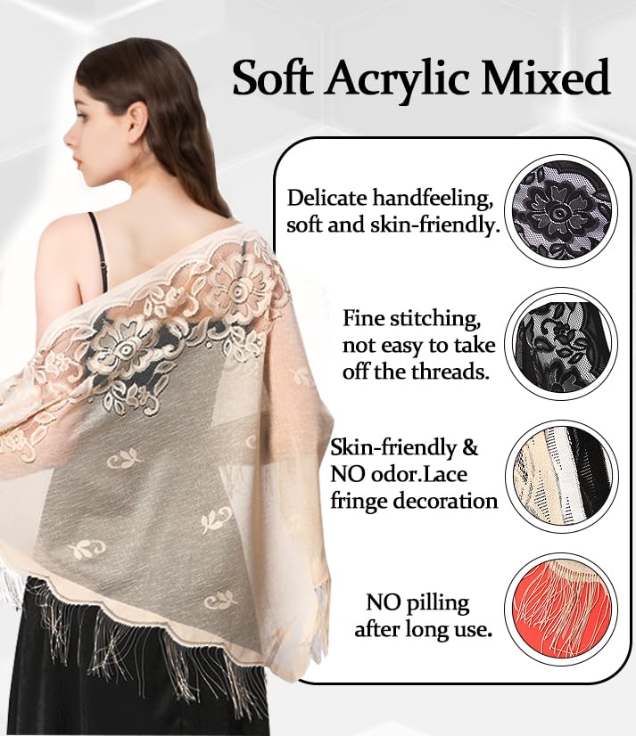 Women Lace Wraps Shawls Triangle Wrap Shawl 1920s Shawl Evening Party Dress Wedding Mesh Fringe Pashmina Shawl2