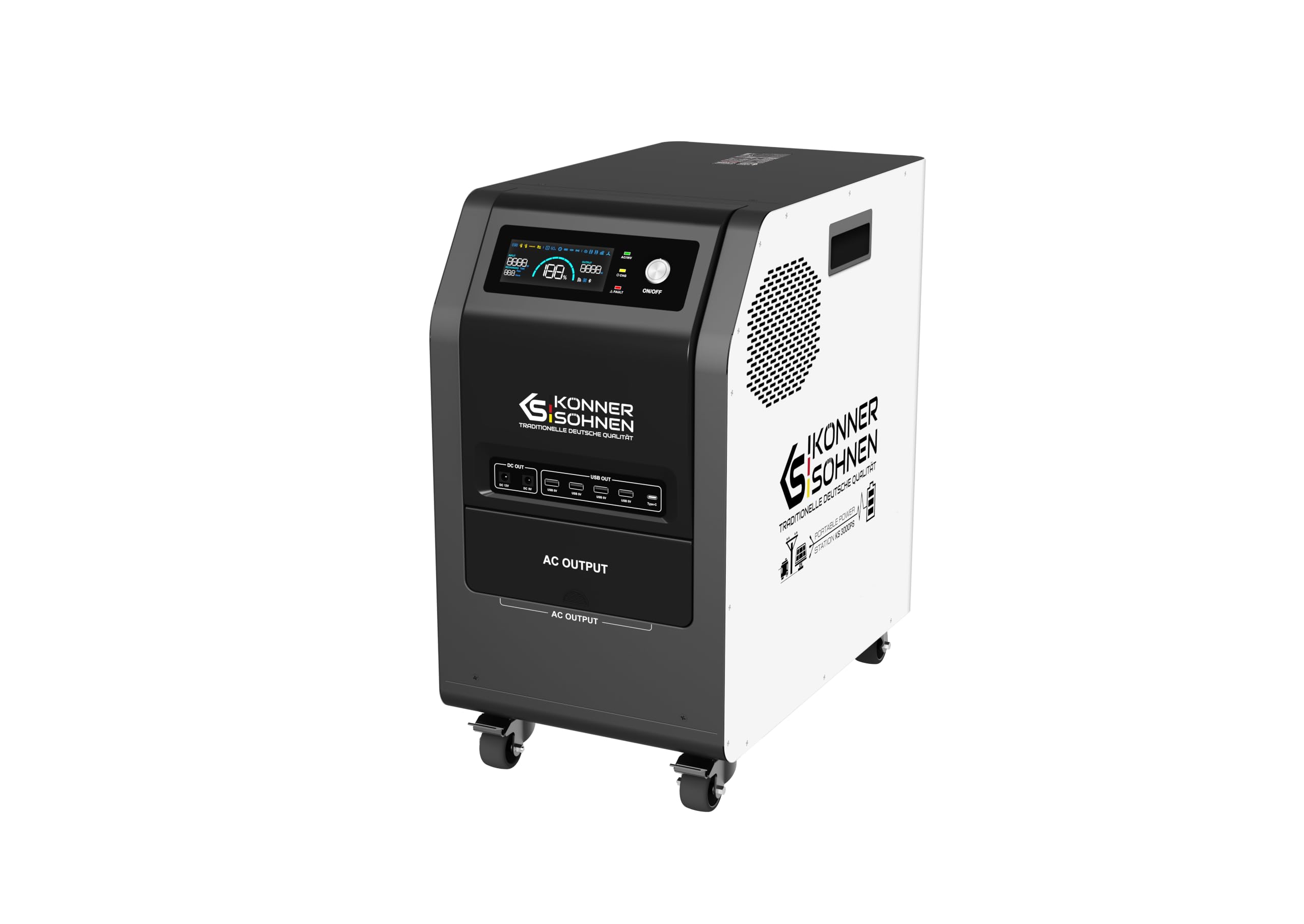 Przenośna stacja zasilania KS 3000 KM z wbudowaną baterią LiFePO4, moc znamionowa 3000 W, pojemność akumulatora 3072 Wh (120 Ah, 25,6 V), 230 V 50 Hz, 4 x USB-A 5 V, 1 x USB Type-C