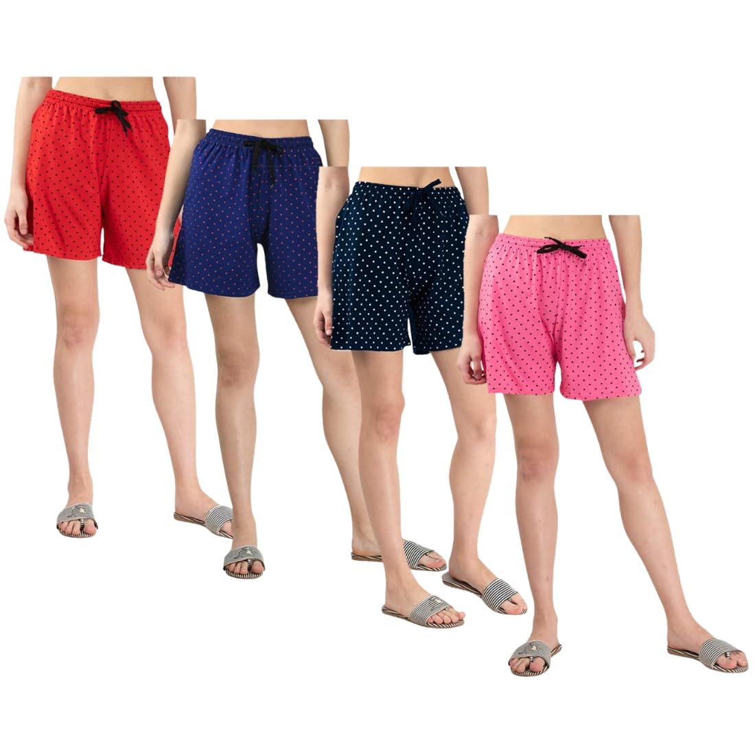 Pack of 4 Women’s Polka Dot Printed Shorts with Drawstring Waist – Comfortable Casual Lounge Wear, Breathable Fabric, Stylish Summer Sleepwear Shorts for Women Pink, Navy Blue, Blue, Red-image-20