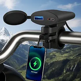 Carregador Moto USB-A e USB-C Turbo à Prova D'água, com Fixação para Guidão, Ideal para Motoboy e Aplicativo