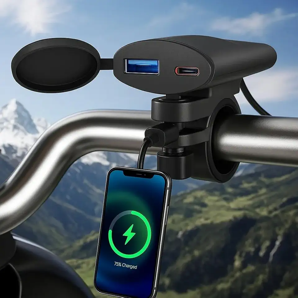 Carregador Moto USB-A e USB-C Turbo à Prova D'água, com Fixação para Guidão, Ideal para Motoboy e Aplicativo